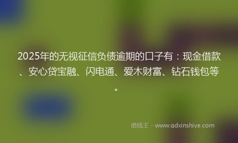 2025年的无视征信负债逾期的口子有：现金借款、安心贷宝融、闪电通、爱木财富、钻石钱包等。