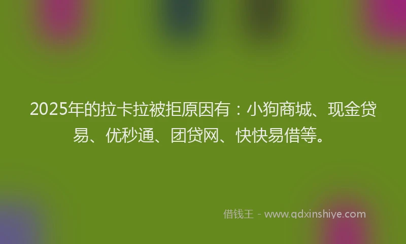 2025年的拉卡拉被拒原因有：小狗商城、现金贷易、优秒通、团贷网、快快易借等。