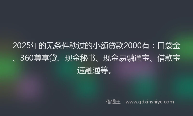 2025年的无条件秒过的小额贷款2000有：口袋金、360尊享贷、现金秘书、现金易融通宝、借款宝速融通等。