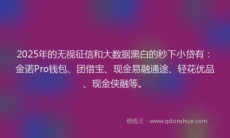 2025年的无视征信和大数据黑白的秒下小贷有：金诺Pro钱包、团借宝、现金易融通途、轻花优品、现金侠融等。