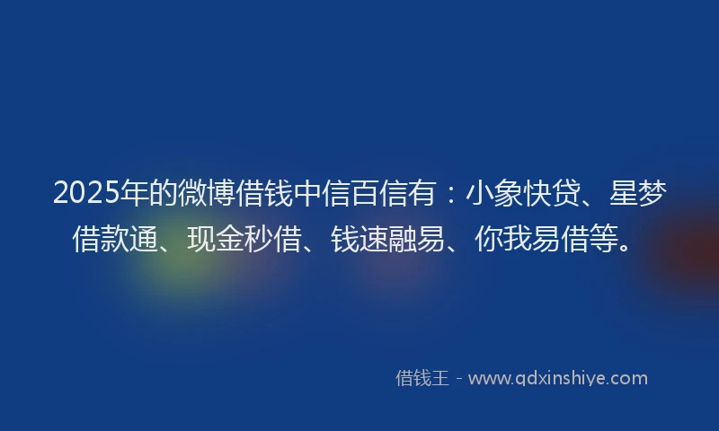 2025年的微博借钱中信百信有：小象快贷、星梦借款通、现金秒借、钱速融易、你我易借等。
