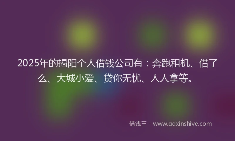 2025年的揭阳个人借钱公司有：奔跑租机、借了么、大城小爱、贷你无忧、人人拿等。