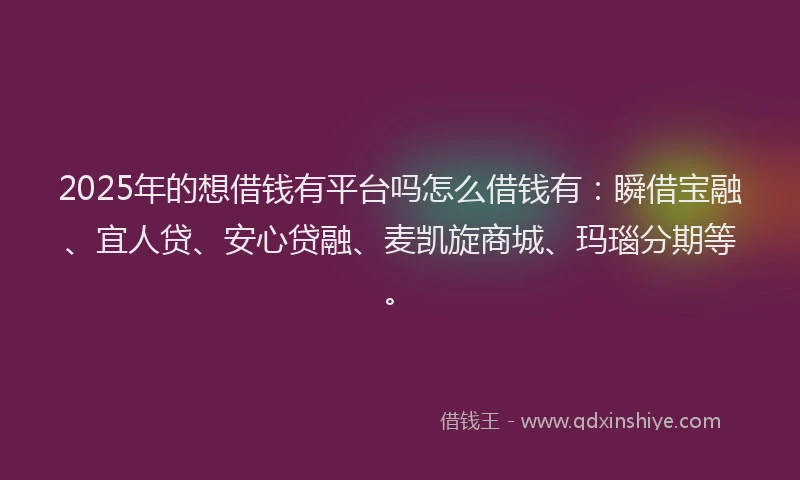 2025年的想借钱有平台吗怎么借钱有：瞬借宝融、宜人贷、安心贷融、麦凯旋商城、玛瑙分期等。