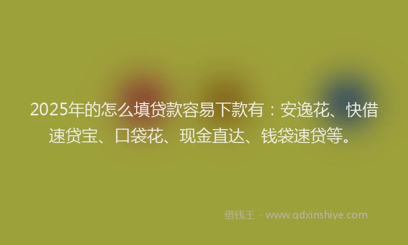 2025年的怎么填贷款容易下款有：安逸花、快借速贷宝、口袋花、现金直达、钱袋速贷等。