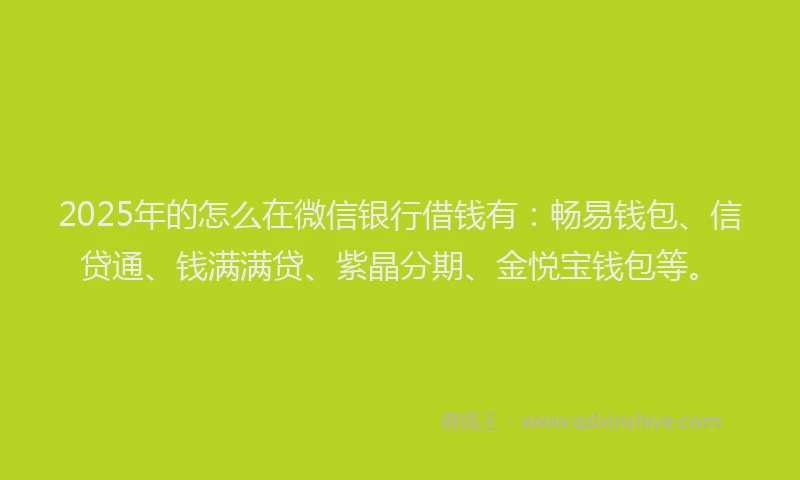 2025年的怎么在微信银行借钱有：畅易钱包、信贷通、钱满满贷、紫晶分期、金悦宝钱包等。