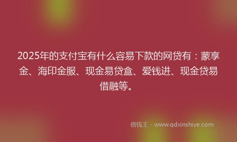 2025年的支付宝有什么容易下款的网贷有：蒙享金、海印金服、现金易贷盒、爱钱进、现金贷易借融等。