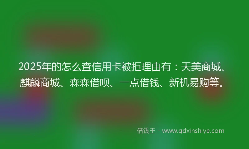 2025年的怎么查信用卡被拒理由有：天美商城、麒麟商城、森森借呗、一点借钱、新机易购等。