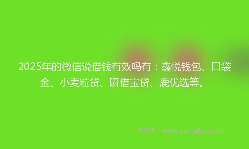 2025年的微信说借钱有效吗有：鑫悦钱包、口袋金、小麦粒贷、瞬借宝贷、鹿优选等。