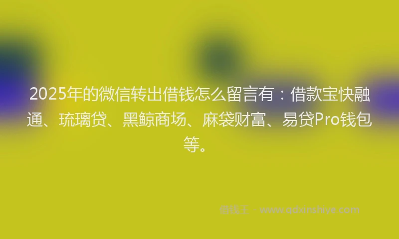 2025年的微信转出借钱怎么留言有：借款宝快融通、琉璃贷、黑鲸商场、麻袋财富、易贷Pro钱包等。