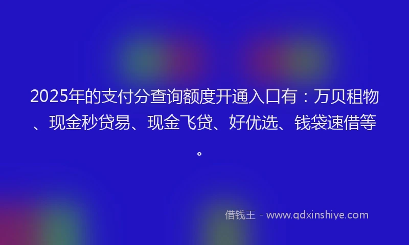 2025年的支付分查询额度开通入口有：万贝租物、现金秒贷易、现金飞贷、好优选、钱袋速借等。