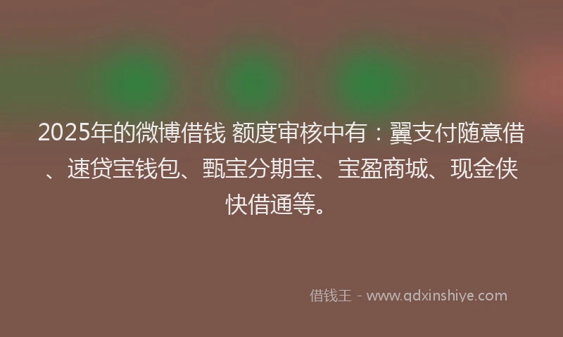 2025年的微博借钱 额度审核中有：翼支付随意借、速贷宝钱包、甄宝分期宝、宝盈商城、现金侠快借通等。