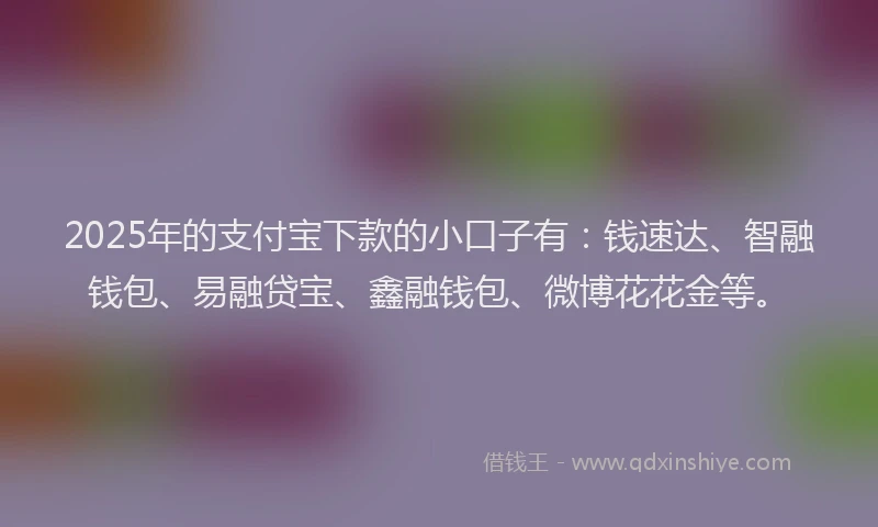 2025年的支付宝下款的小口子有：钱速达、智融钱包、易融贷宝、鑫融钱包、微博花花金等。