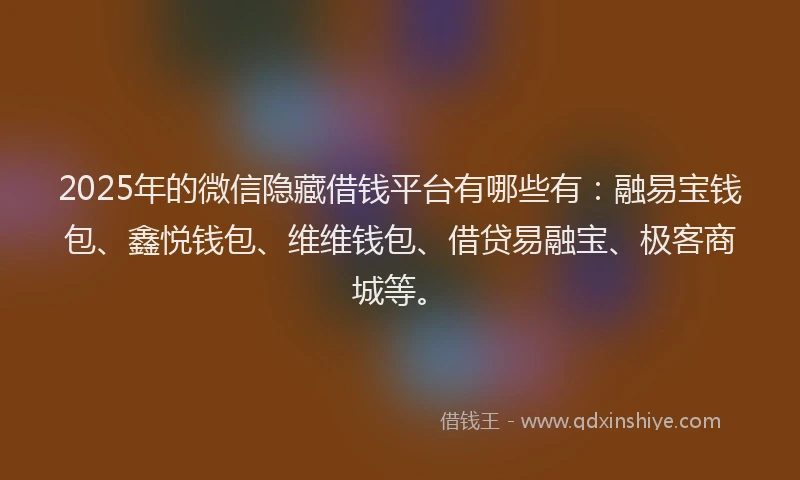 2025年的微信隐藏借钱平台有哪些有：融易宝钱包、鑫悦钱包、维维钱包、借贷易融宝、极客商城等。