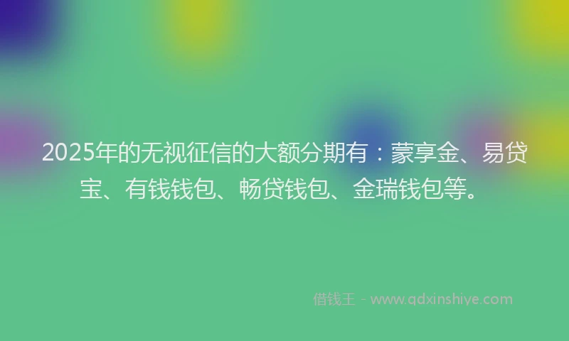 2025年的无视征信的大额分期有：蒙享金、易贷宝、有钱钱包、畅贷钱包、金瑞钱包等。