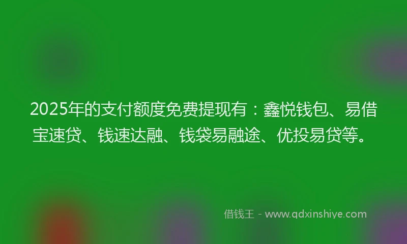 2025年的支付额度免费提现有：鑫悦钱包、易借宝速贷、钱速达融、钱袋易融途、优投易贷等。