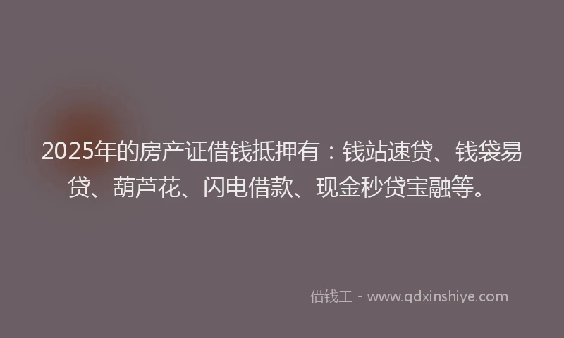 2025年的房产证借钱抵押有：钱站速贷、钱袋易贷、葫芦花、闪电借款、现金秒贷宝融等。