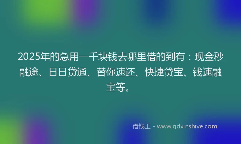 2025年的急用一千块钱去哪里借的到有：现金秒融途、日日贷通、替你速还、快捷贷宝、钱速融宝等。