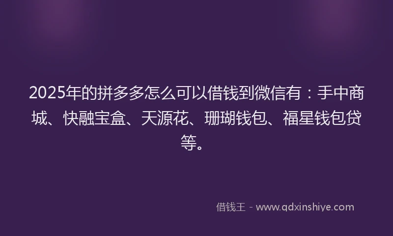 2025年的拼多多怎么可以借钱到微信有：手中商城、快融宝盒、天源花、珊瑚钱包、福星钱包贷等。