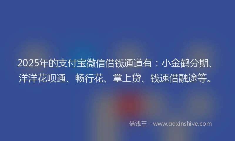 2025年的支付宝微信借钱通道有：小金鹤分期、洋洋花呗通、畅行花、掌上贷、钱速借融途等。