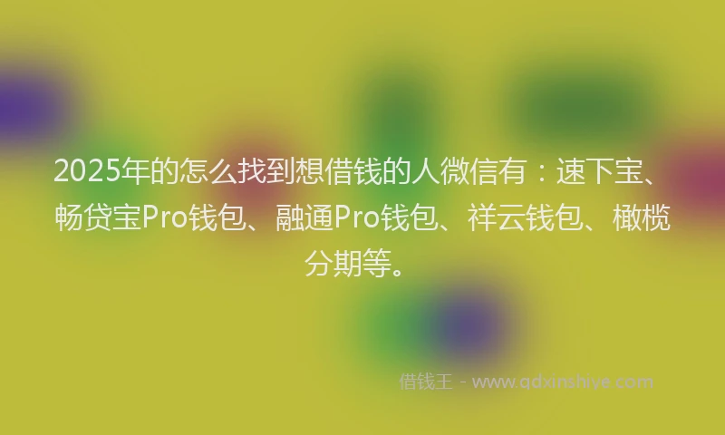 2025年的怎么找到想借钱的人微信有：速下宝、畅贷宝Pro钱包、融通Pro钱包、祥云钱包、橄榄分期等。