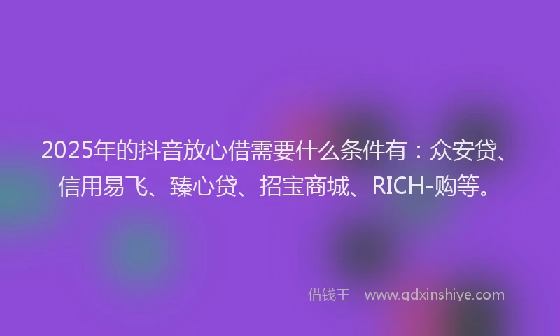 2025年的抖音放心借需要什么条件有：众安贷、信用易飞、臻心贷、招宝商城、RICH-购等。