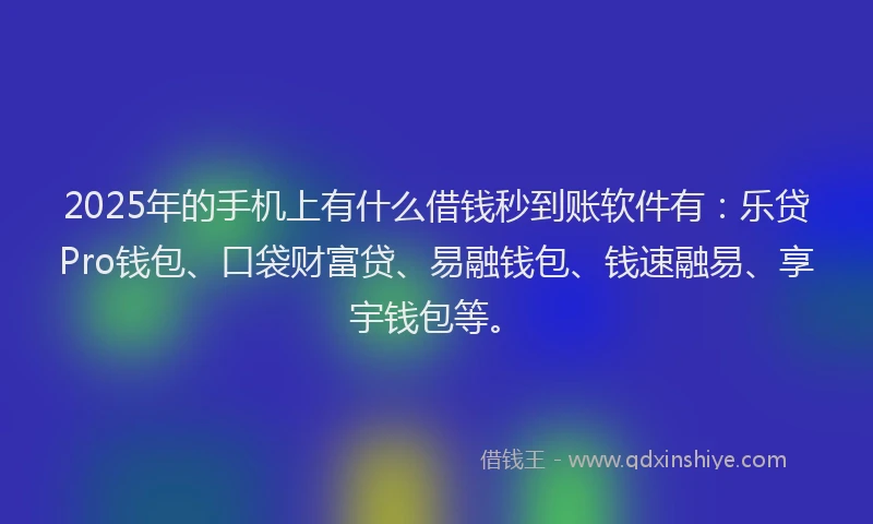 2025年的手机上有什么借钱秒到账软件有：乐贷Pro钱包、口袋财富贷、易融钱包、钱速融易、享宇钱包等。