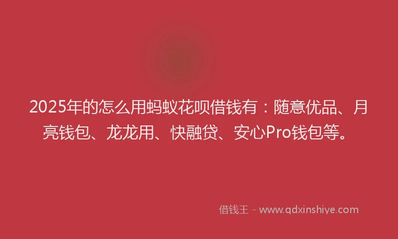 2025年的怎么用蚂蚁花呗借钱有：随意优品、月亮钱包、龙龙用、快融贷、安心Pro钱包等。