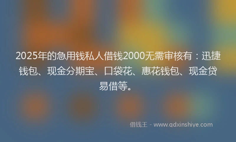 2025年的急用钱私人借钱2000无需审核有：迅捷钱包、现金分期宝、口袋花、惠花钱包、现金贷易借等。