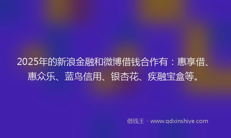 2025年的新浪金融和微博借钱合作有：惠享借、惠众乐、蓝鸟信用、银杏花、疾融宝盒等。