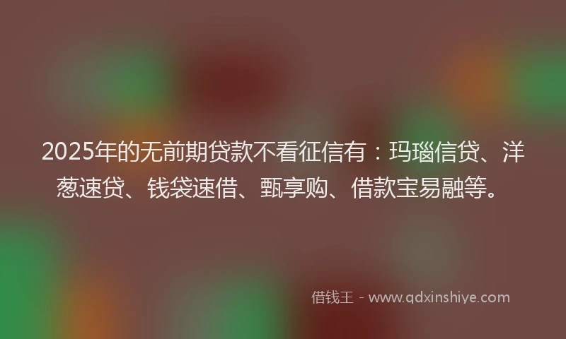 2025年的无前期贷款不看征信有：玛瑙信贷、洋葱速贷、钱袋速借、甄享购、借款宝易融等。