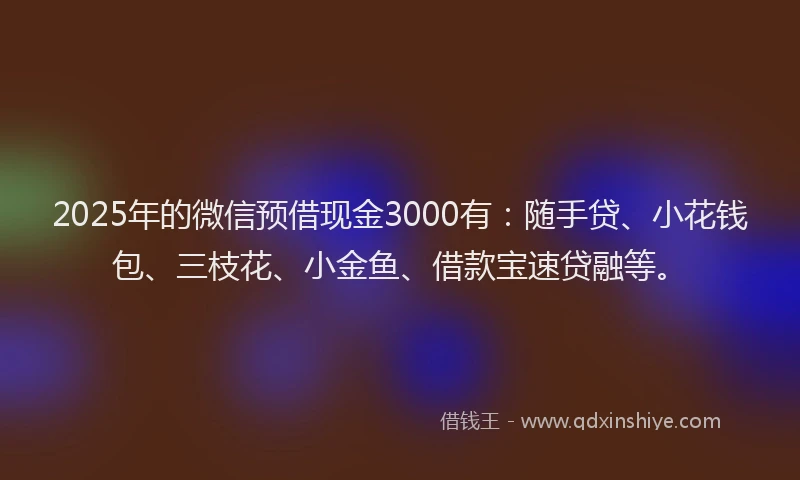 2025年的微信预借现金3000有：随手贷、小花钱包、三枝花、小金鱼、借款宝速贷融等。