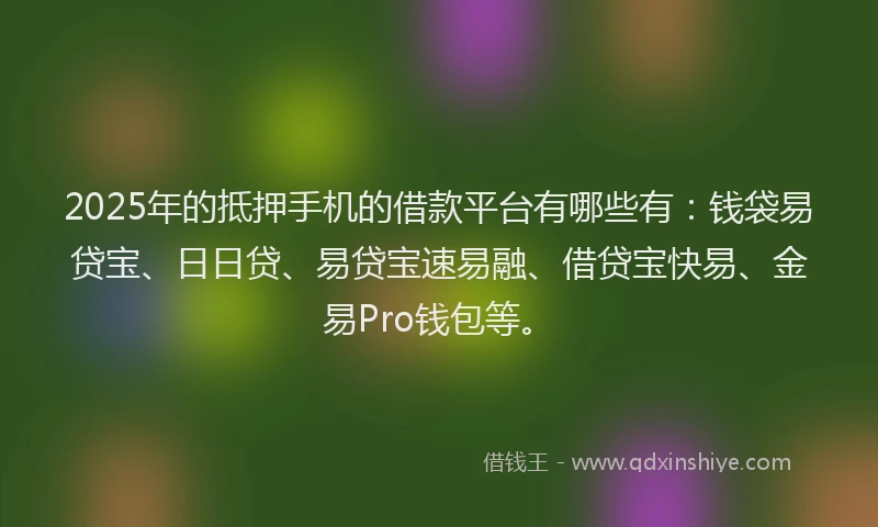 2025年的抵押手机的借款平台有哪些有：钱袋易贷宝、日日贷、易贷宝速易融、借贷宝快易、金易Pro钱包等。