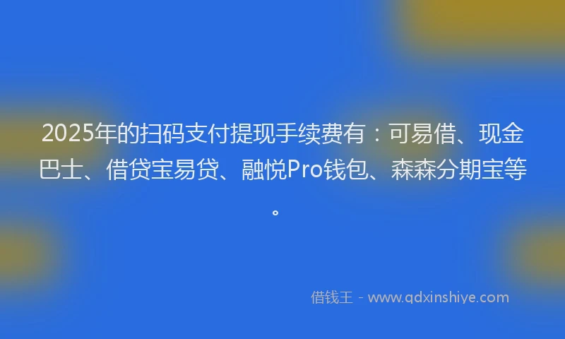 2025年的扫码支付提现手续费有：可易借、现金巴士、借贷宝易贷、融悦Pro钱包、森森分期宝等。