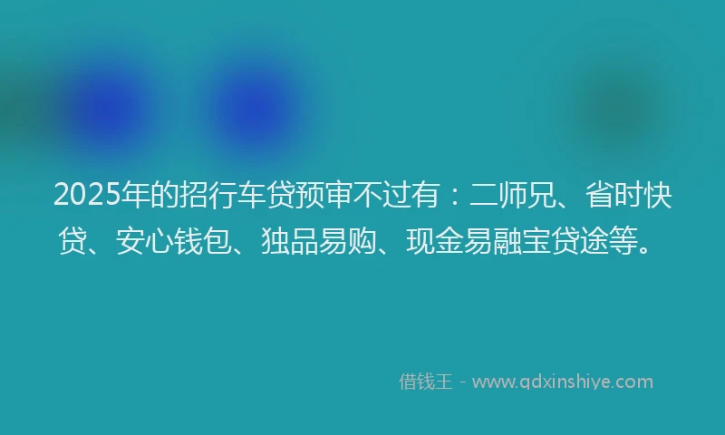 2025年的招行车贷预审不过有：二师兄、省时快贷、安心钱包、独品易购、现金易融宝贷途等。