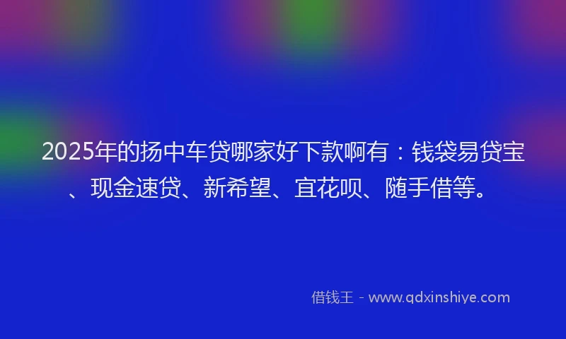 2025年的扬中车贷哪家好下款啊有：钱袋易贷宝、现金速贷、新希望、宜花呗、随手借等。