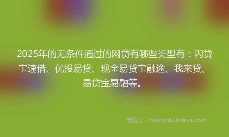 2025年的无条件通过的网贷有哪些类型有：闪贷宝速借、优投易贷、现金易贷宝融途、我来贷、易贷宝易融等。
