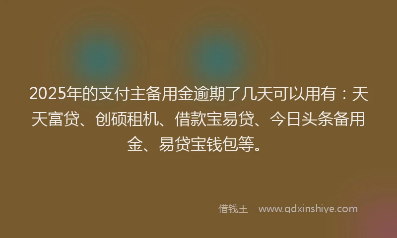 2025年的支付主备用金逾期了几天可以用有：天天富贷、创硕租机、借款宝易贷、今日头条备用金、易贷宝钱包等。