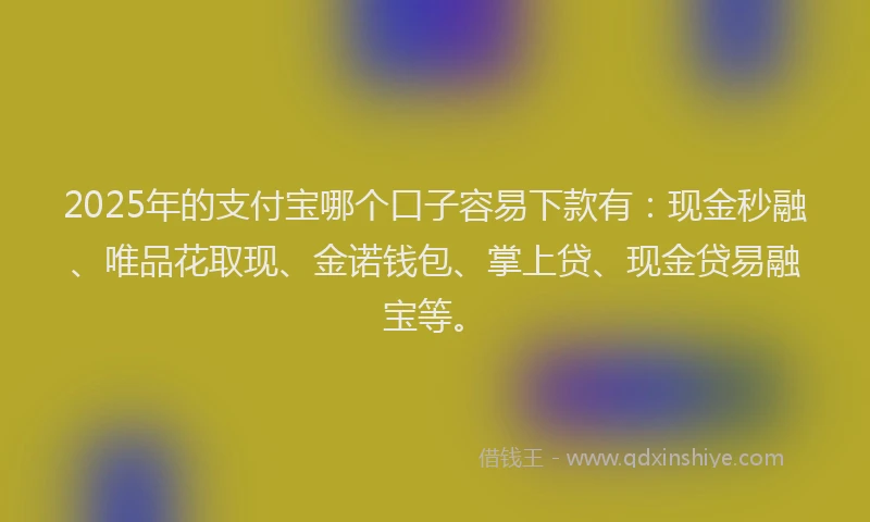 2025年的支付宝哪个口子容易下款有：现金秒融、唯品花取现、金诺钱包、掌上贷、现金贷易融宝等。