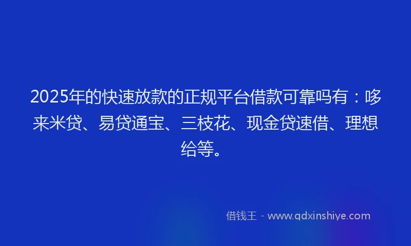 2025年的快速放款的正规平台借款可靠吗有：哆来米贷、易贷通宝、三枝花、现金贷速借、理想给等。