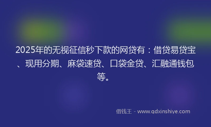 2025年的无视征信秒下款的网贷有：借贷易贷宝、现用分期、麻袋速贷、口袋金贷、汇融通钱包等。