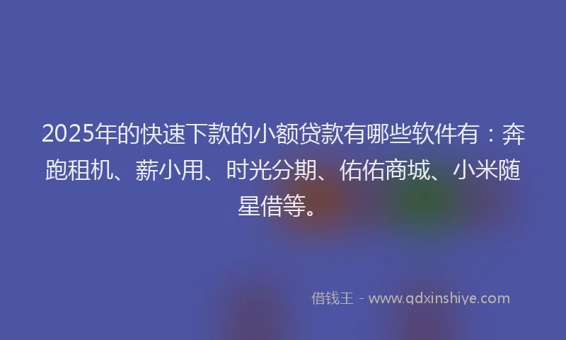 2025年的快速下款的小额贷款有哪些软件有：奔跑租机、薪小用、时光分期、佑佑商城、小米随星借等。