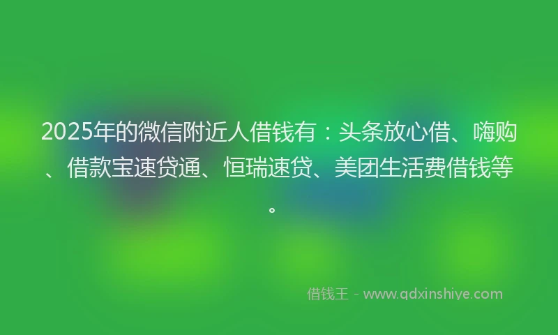 2025年的微信附近人借钱有：头条放心借、嗨购、借款宝速贷通、恒瑞速贷、美团生活费借钱等。