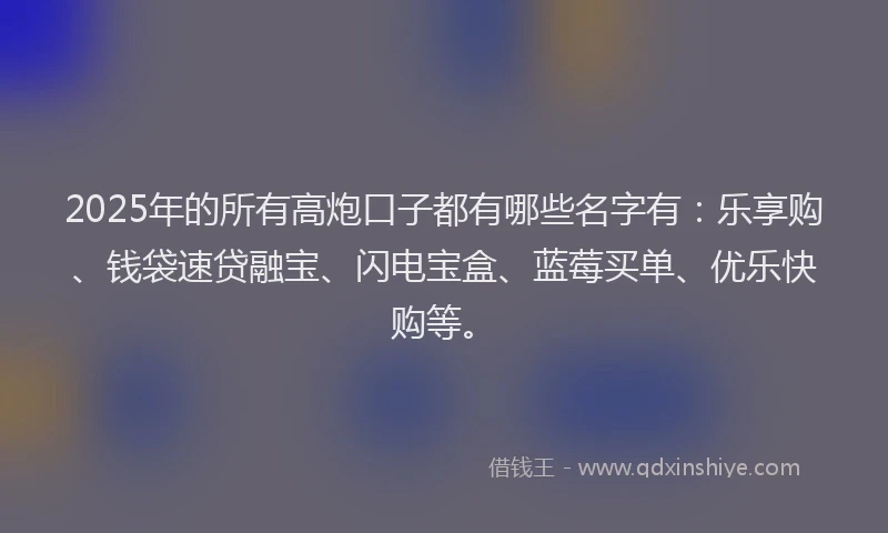 2025年的所有高炮口子都有哪些名字有：乐享购、钱袋速贷融宝、闪电宝盒、蓝莓买单、优乐快购等。
