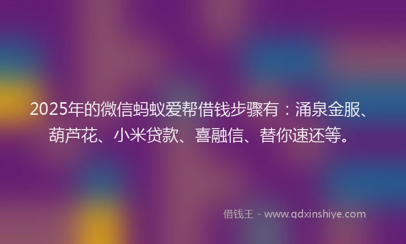 2025年的微信蚂蚁爱帮借钱步骤有：涌泉金服、葫芦花、小米贷款、喜融信、替你速还等。