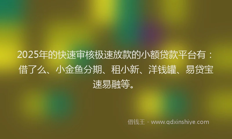 2025年的快速审核极速放款的小额贷款平台有：借了么、小金鱼分期、租小新、洋钱罐、易贷宝速易融等。