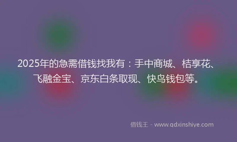 2025年的急需借钱找我有：手中商城、桔享花、飞融金宝、京东白条取现、快鸟钱包等。