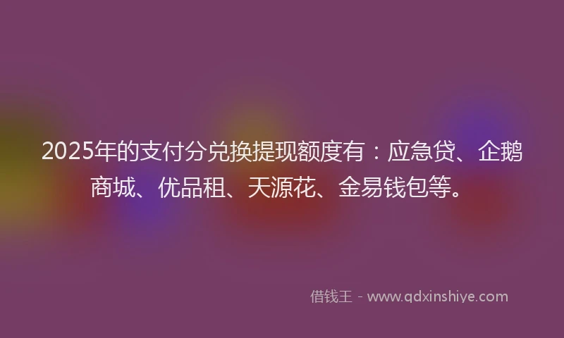2025年的支付分兑换提现额度有：应急贷、企鹅商城、优品租、天源花、金易钱包等。
