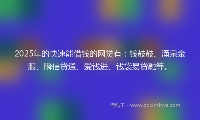 2025年的快速能借钱的网贷有：钱鼓鼓、涌泉金服、瞬信贷通、爱钱进、钱袋易贷融等。