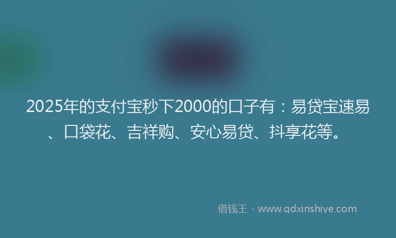 2025年的支付宝秒下2000的口子有：易贷宝速易、口袋花、吉祥购、安心易贷、抖享花等。