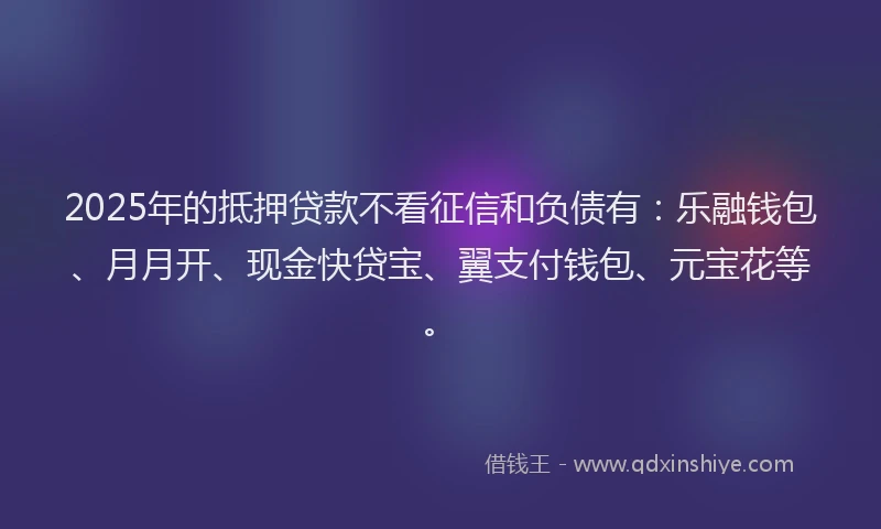 2025年的抵押贷款不看征信和负债有：乐融钱包、月月开、现金快贷宝、翼支付钱包、元宝花等。
